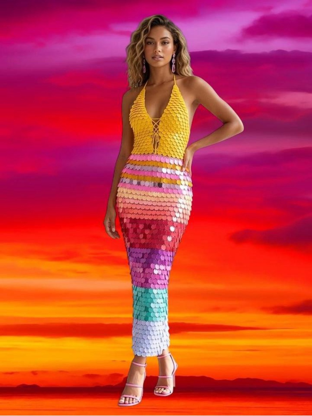 Multicolor Crochet Sequin Ombré Halter Maxi Dress